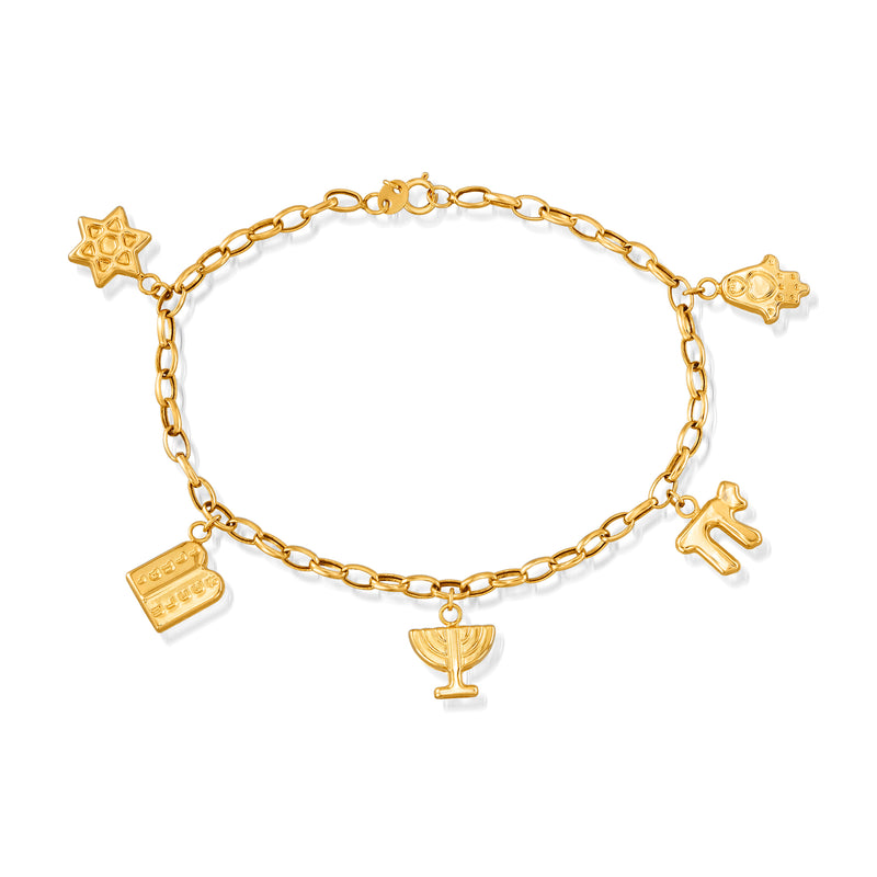 Yellow gold charm bracelet with Star of David, Torah scroll, menorah, and goblet charms