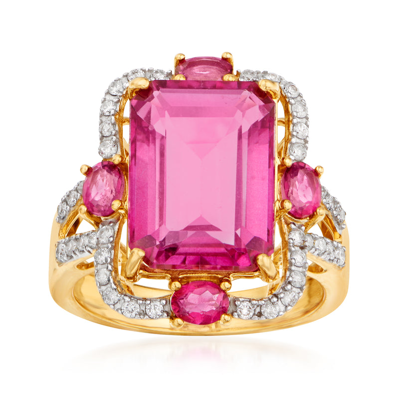 Pink topaz and diamond ring in 14k yellow gold with large rectangular center stone