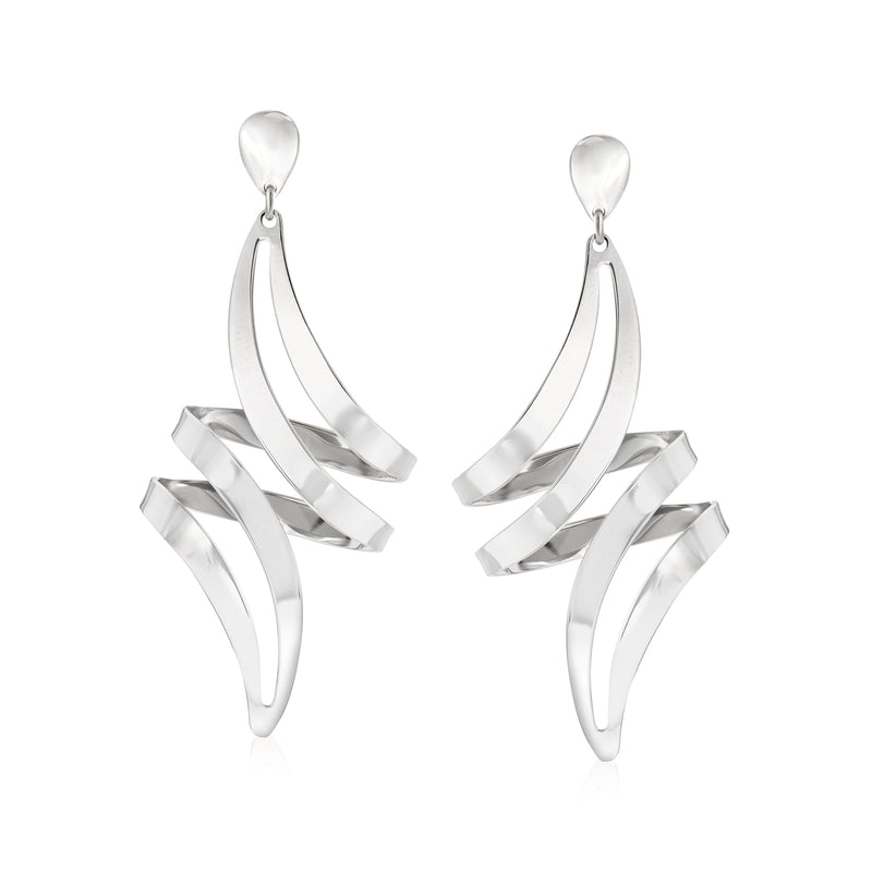 Twisted sterling silver drop earrings with ribbon-like curved strands, hanging pair