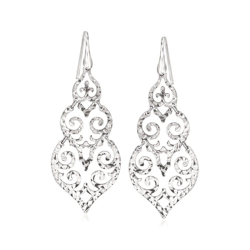 Sterling silver filigree drop earrings, heart-shaped dangling filigree with earwire