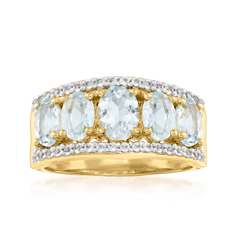 18kt gold over sterling ring, three oval aquamarine-style stones, white halo