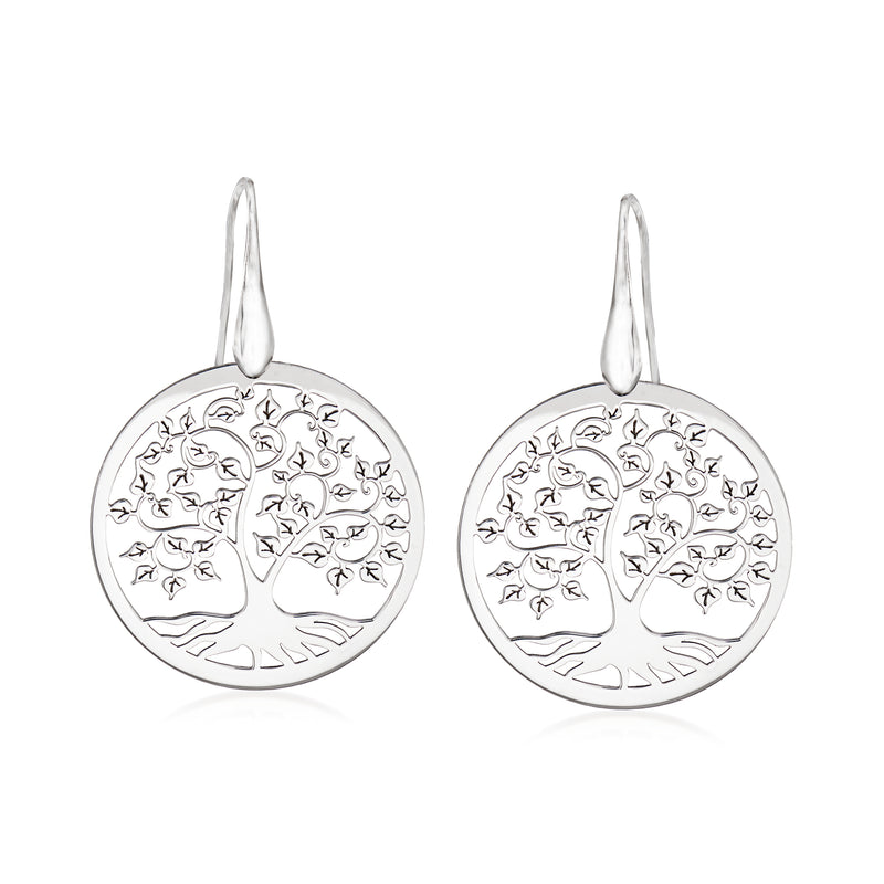 Sterling silver Tree of Life drop earrings, circular cut-out with fish pattern
