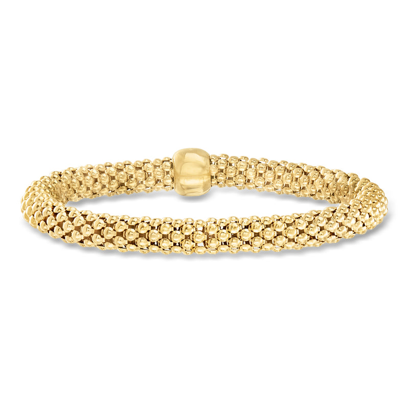 Gold popcorn-link bracelet with polished rectangular clasp and hinged closure.