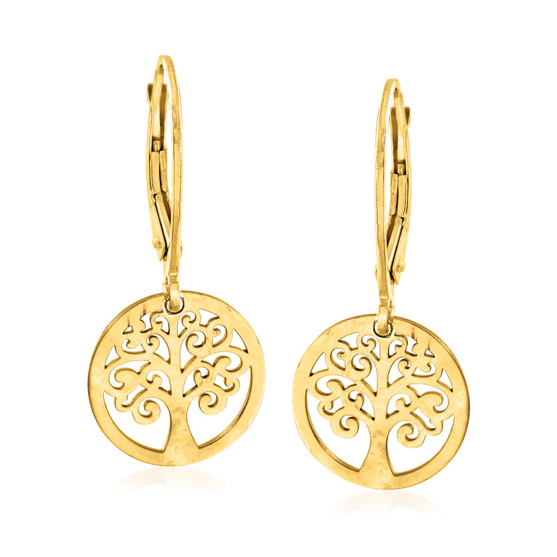 14kt yellow gold tree of life drop leverback earrings, round medallion with cutout