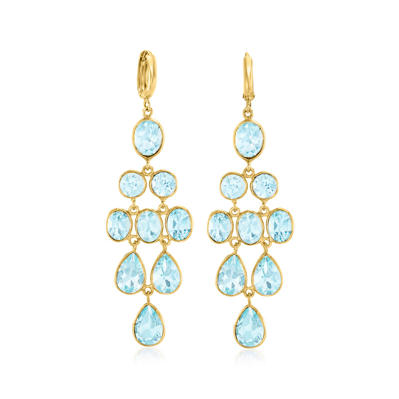 Sky blue topaz drop chandelier earrings with oval and pear stones, gold over sterling