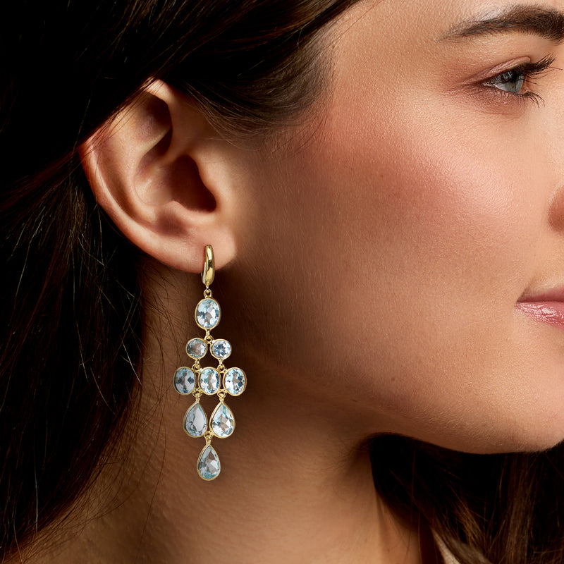 Sky blue topaz chandelier drop earrings shown on ear, gold setting with dangling pear stones