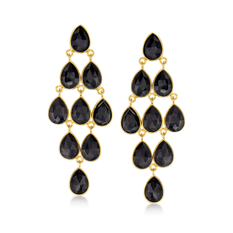 Chandelier drop earrings with gold-tone loops and black teardrop stones