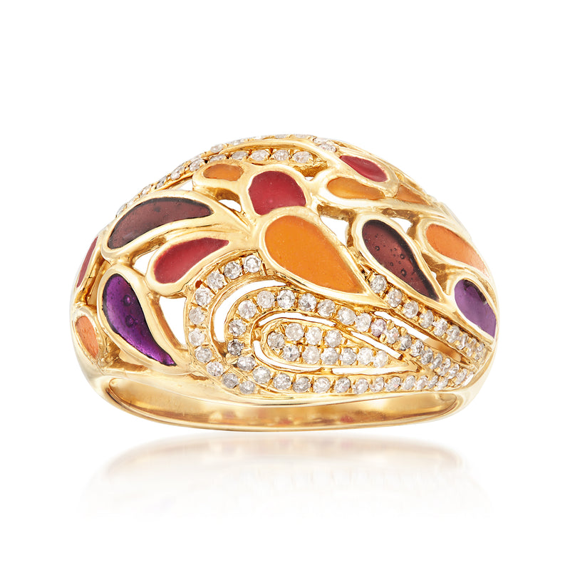 14kt yellow gold open-space ring with multicolored enamel and diamond accents