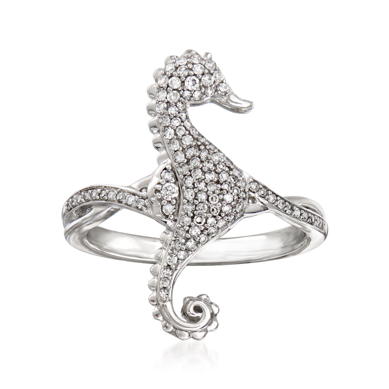 Diamond seahorse ring in 14kt white gold with sparkling round stones
