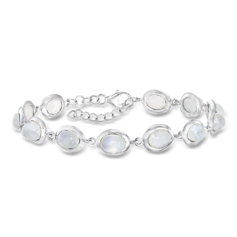 Sterling silver moonstone bracelet with oval and round cabochons, link chain