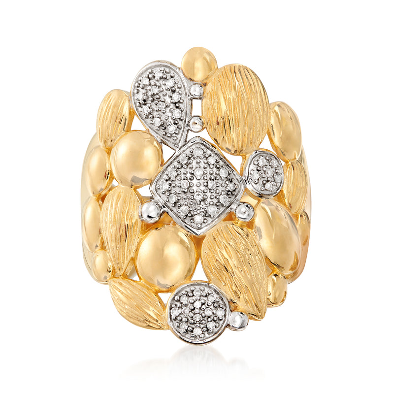 Wide diamond-style ring in sterling silver with 18kt gold over sterling accents, round bezel links