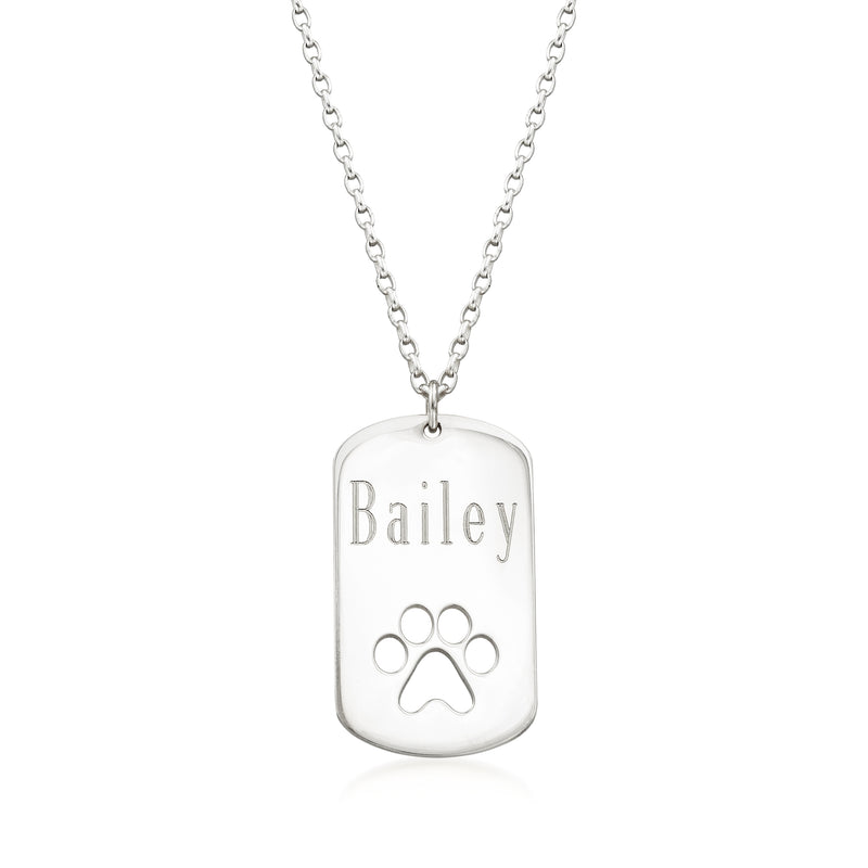 Sterling silver dog paw cut-out pendant necklace with 'Bailey' engraving