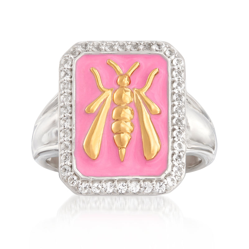 Two-tone sterling silver bumblebee ring with pink enamel square and gold bee, topaz border