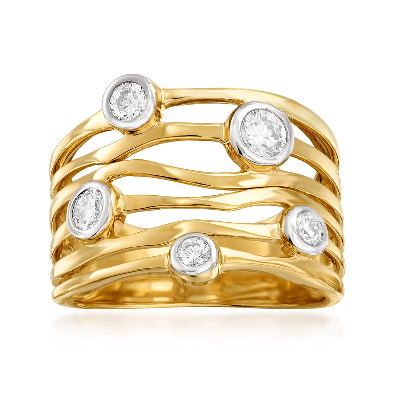 14kt yellow gold diamond highway ring with bezel-set round diamonds, polished finish