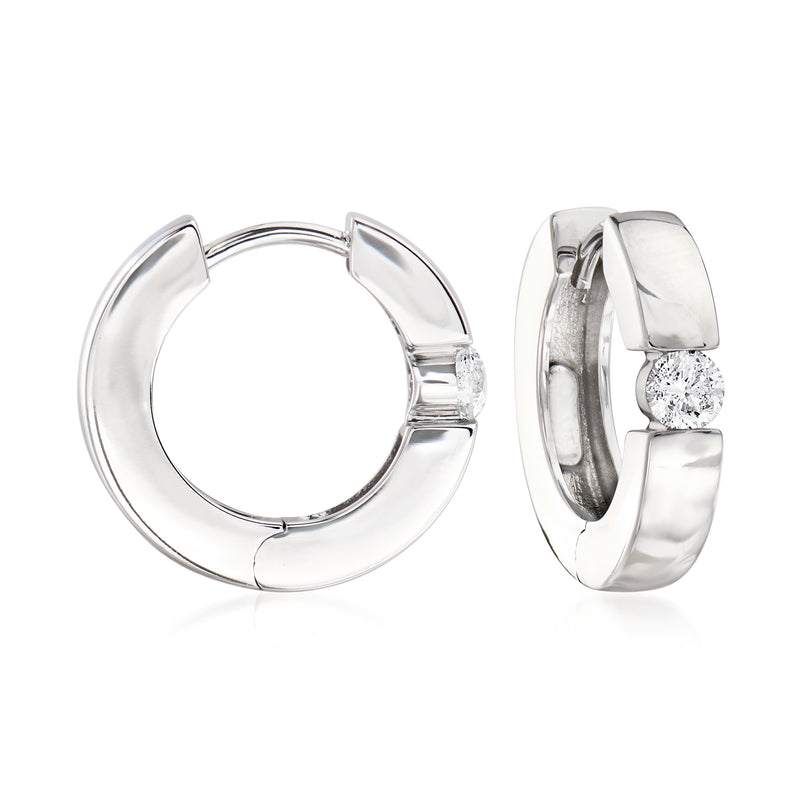 14kt white gold huggie hoop earrings with round diamond accent, closed clasp