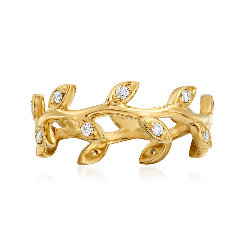 14kt yellow gold diamond leaf eternity band with round stones, openwork design