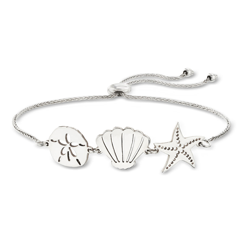 Sterling silver sea life bolo bracelet with shell, starfish, and fish charms