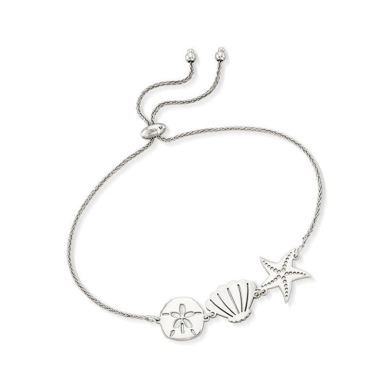 Sterling silver sea life bolo bracelet with flower, shell, and starfish charms