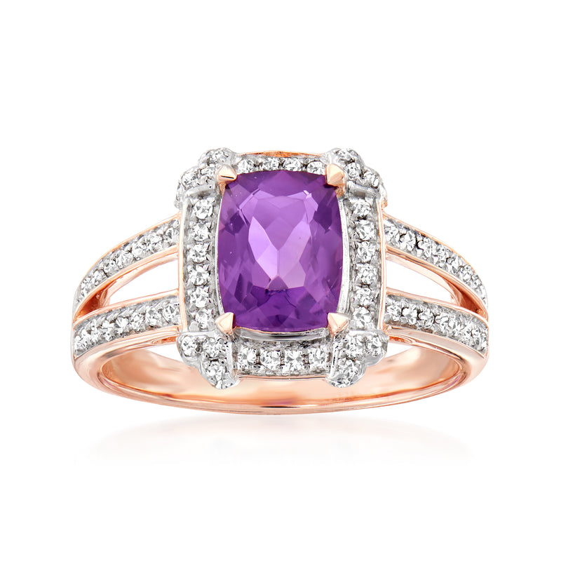 Two-tone sterling silver ring with purple cushion amethyst center and white gemstone accents