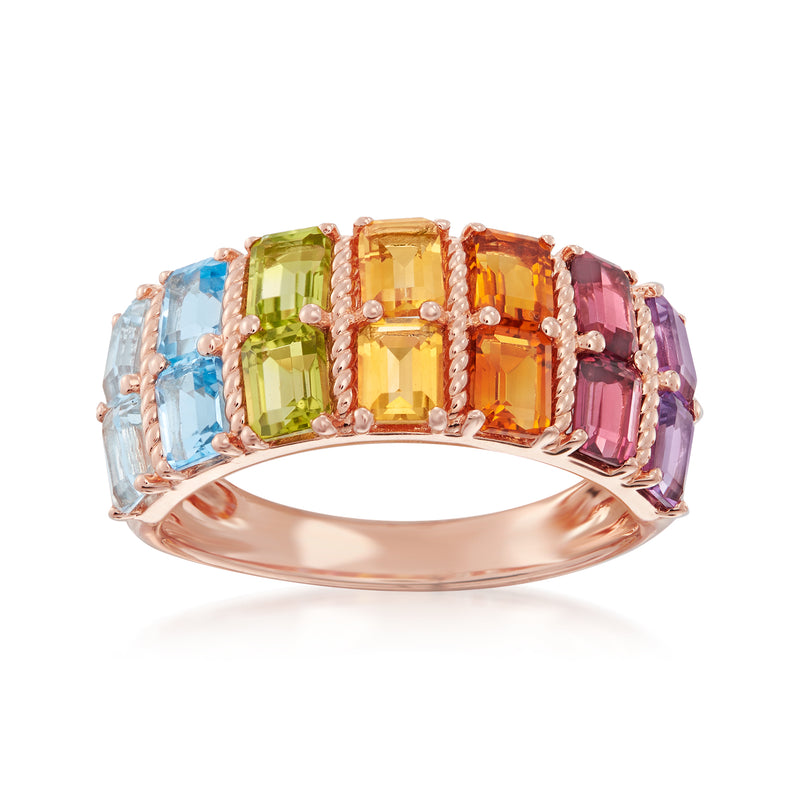 Rose gold multi-gemstone ring with colorful rectangular stones