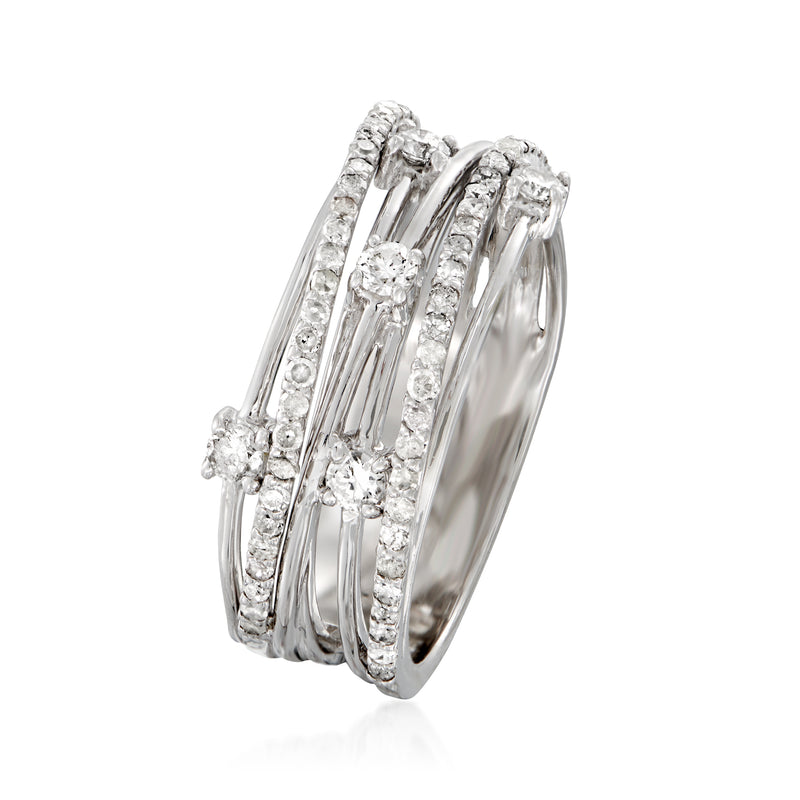 Sterling silver diamond band ring, curved stack with prong-set stones