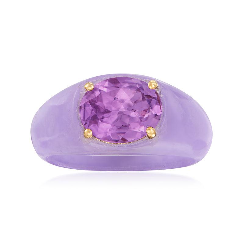 Lavender amethyst ring with oval purple gemstone and yellow gold prong setting