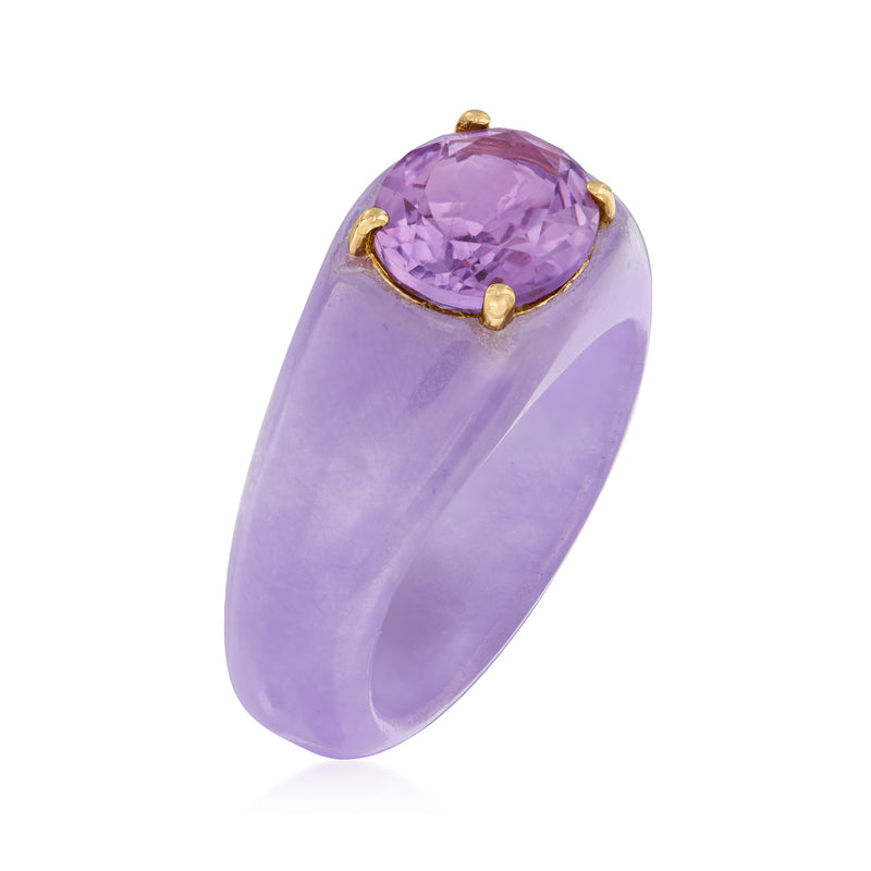 Lavender band ring with oval purple gemstone and yellow gold bezel/prongs