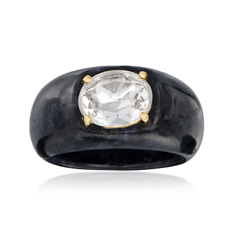 Black jade ring with oval white gemstone and 14kt yellow gold prong setting