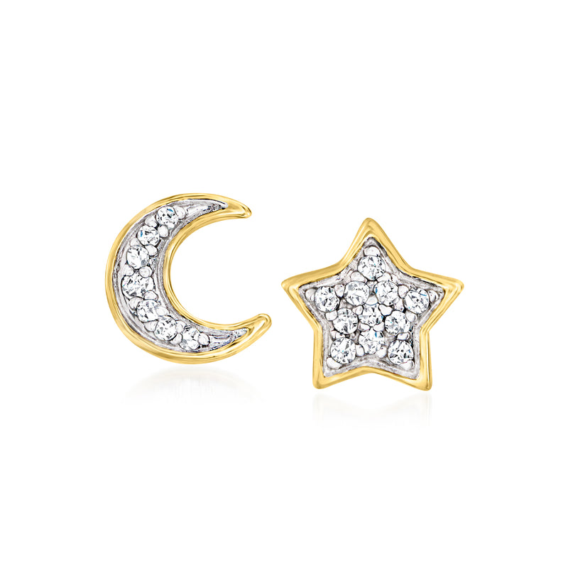 14kt yellow gold diamond moon and star mismatched stud earrings