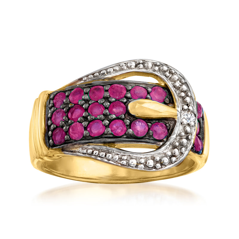 18kt gold over sterling ruby buckle ring with oval purple gemstones and diamond halo