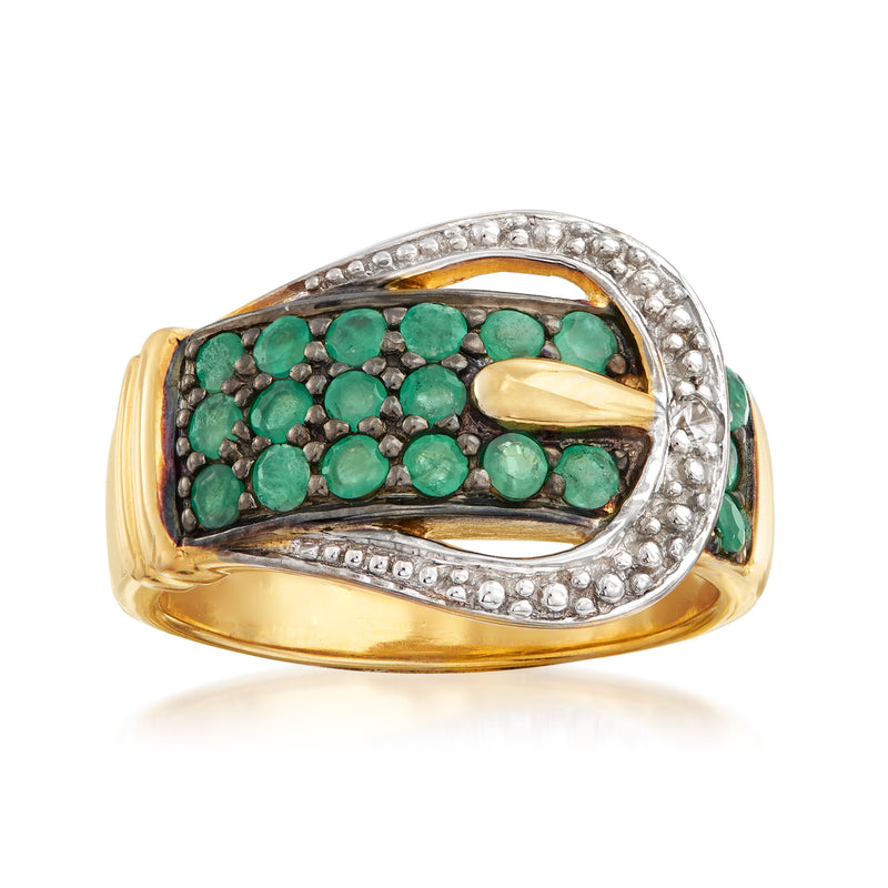 Gold over sterling buckle ring with green gemstone cluster and diamond accents