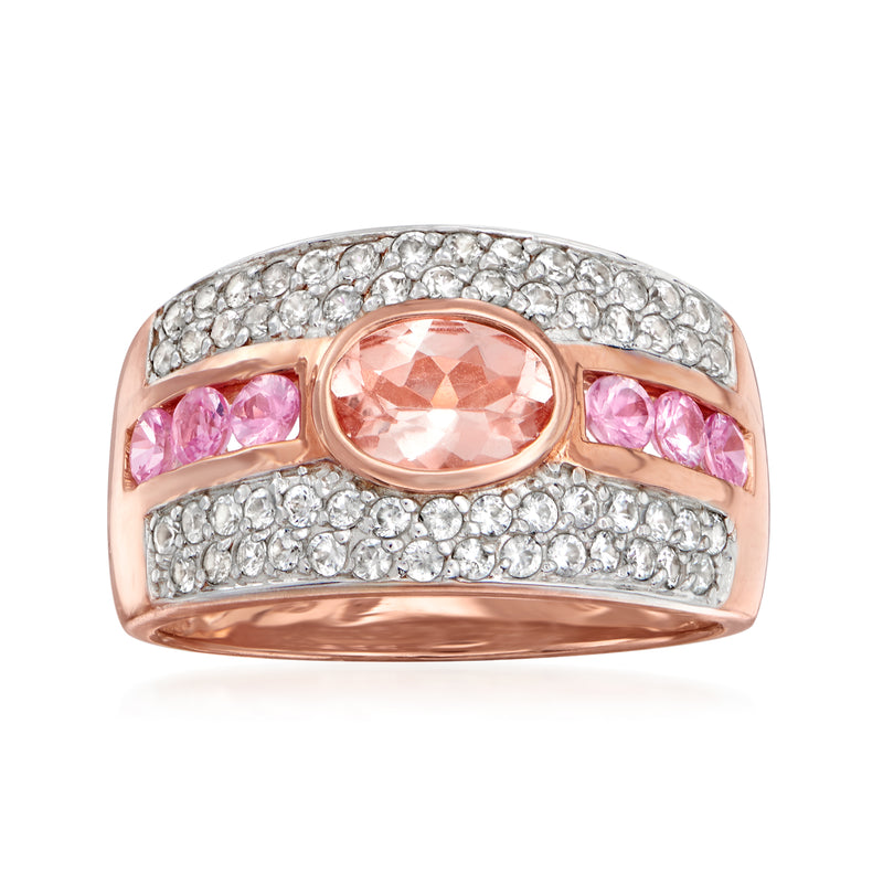 Rose gold over sterling ring with oval morganite, white zircon, and pink sapphires