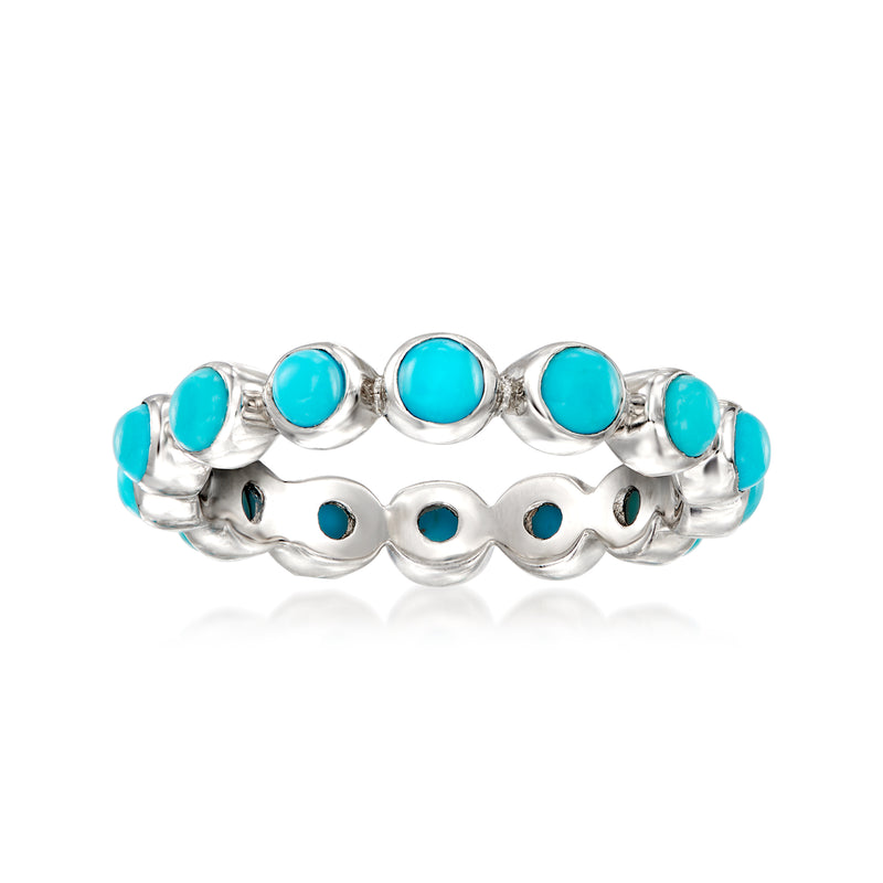 Sterling silver eternity band with oval turquoise stones and scalloped metal setting