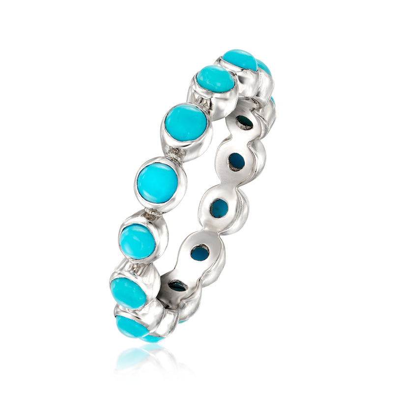Sterling silver eternity band with oval turquoise stones in curved bezel links