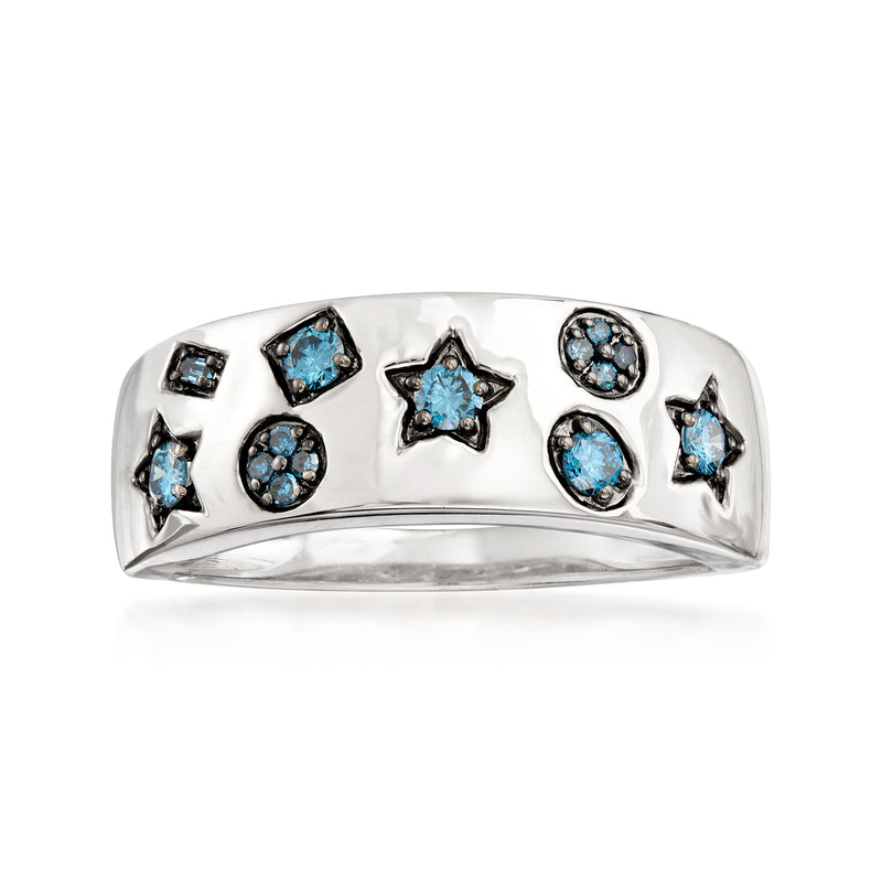 14kt white gold diamond ring with multi-shape blue stones across the top