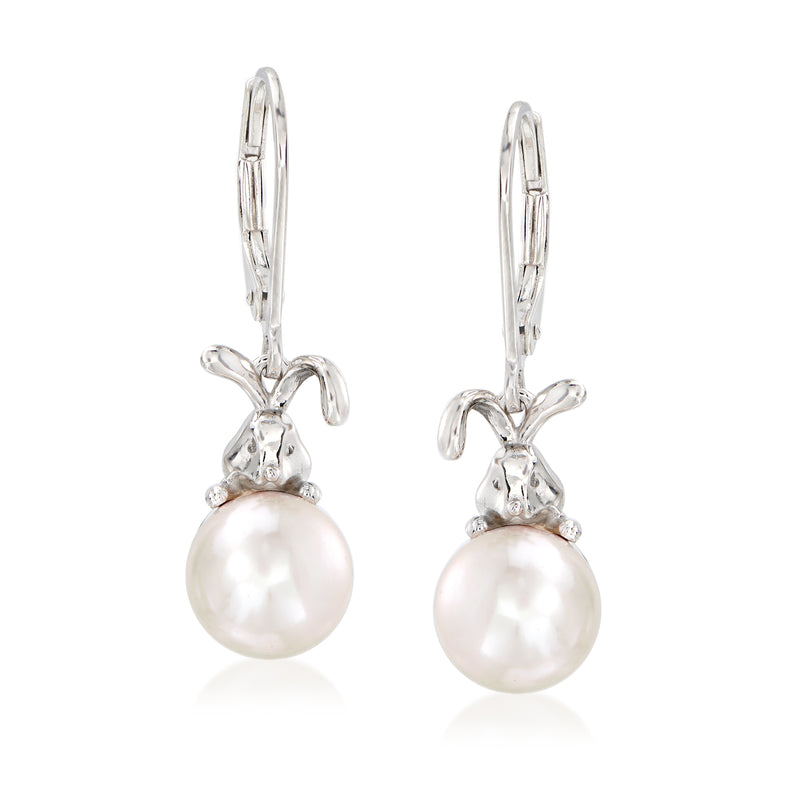 Sterling silver bunny drop earrings with 8.5–9mm cultured pearl, leverback closure