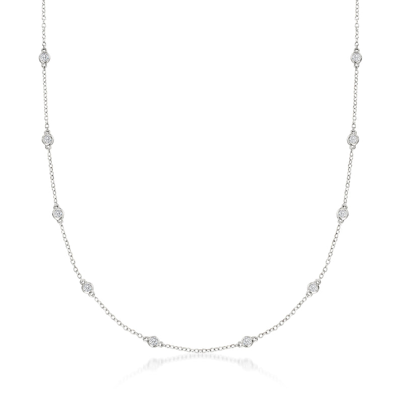 14k white gold diamond station necklace with round bezel-set stones