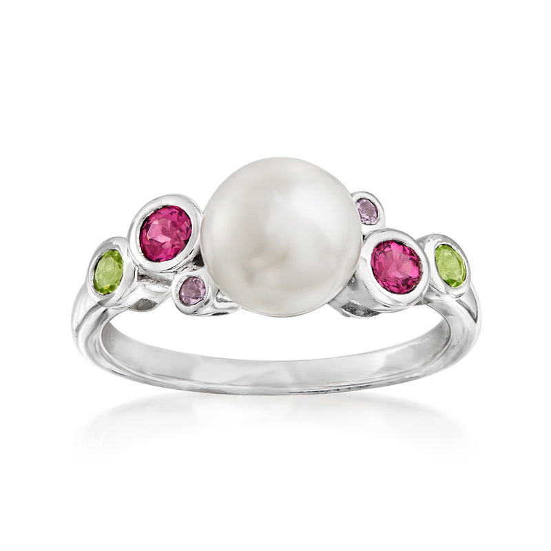Sterling silver ring with white cultured pearl, pink stones, and green accents