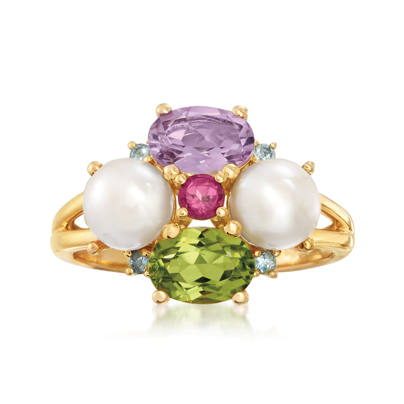 18kt gold over sterling ring with three gemstones—purple, pink, green—and two pearls