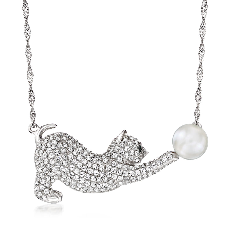 Sterling silver cat necklace with pearl, white topaz, and black spinel