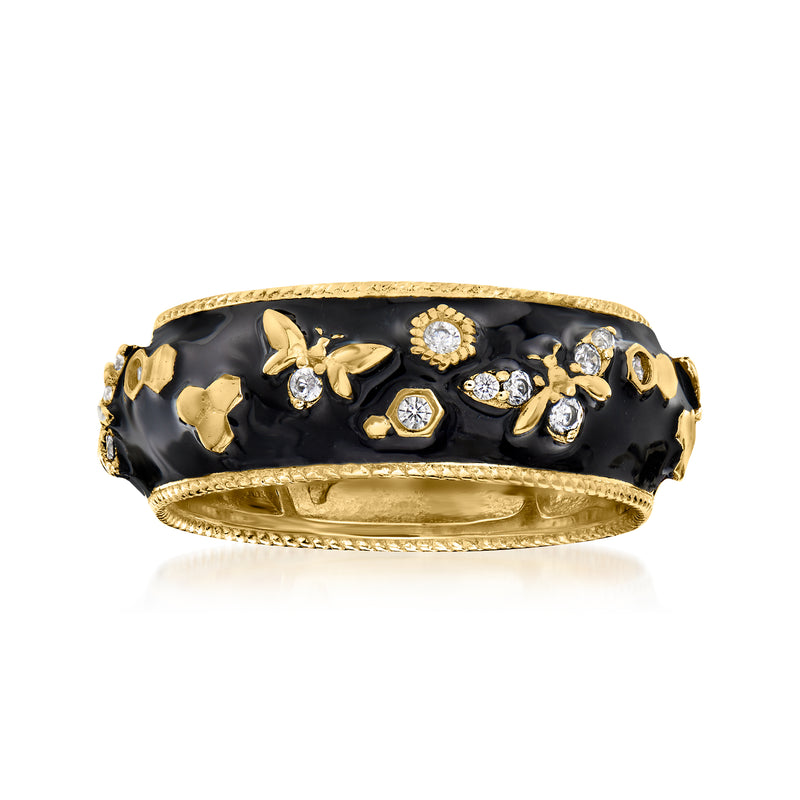 Gold-tone bumblebee ring with black enamel and clear crystal accents