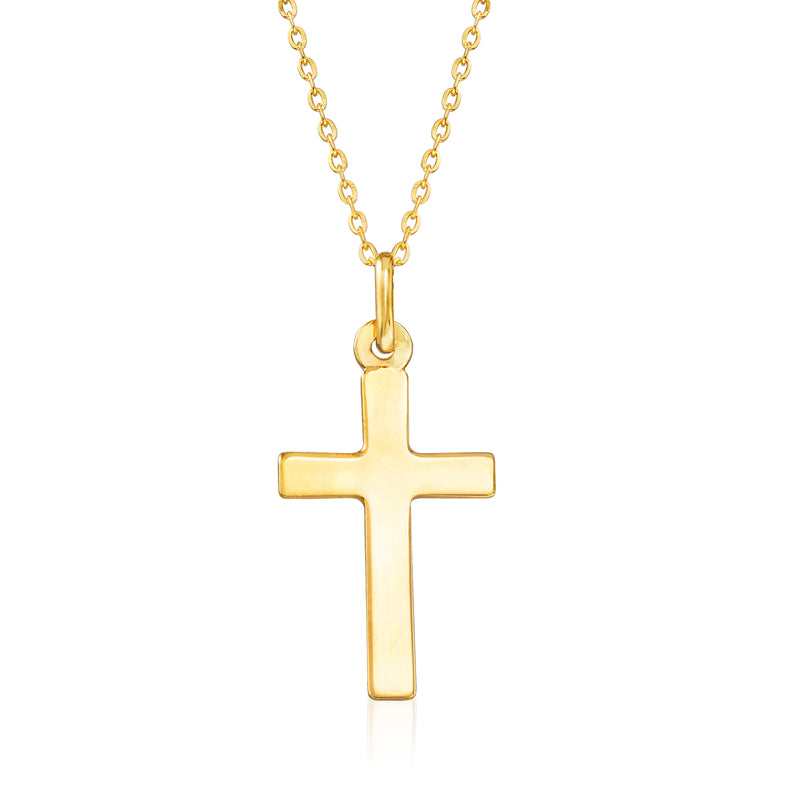 18kt yellow gold cross pendant necklace with polished cross and link chain