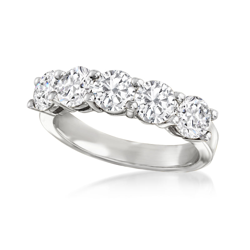 14kt white gold five-stone diamond ring with five oval-cut stones, angled view
