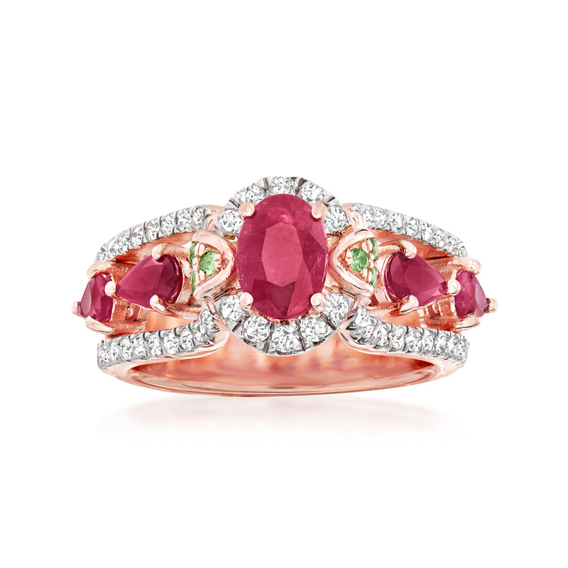 Rose gold over sterling silver ring with oval ruby, diamonds, and green accents