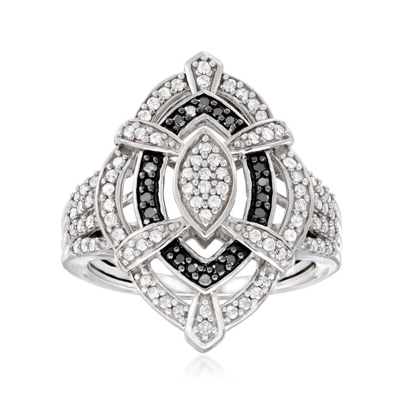 Sterling silver diamond marquise-style ring with black and white stone accents