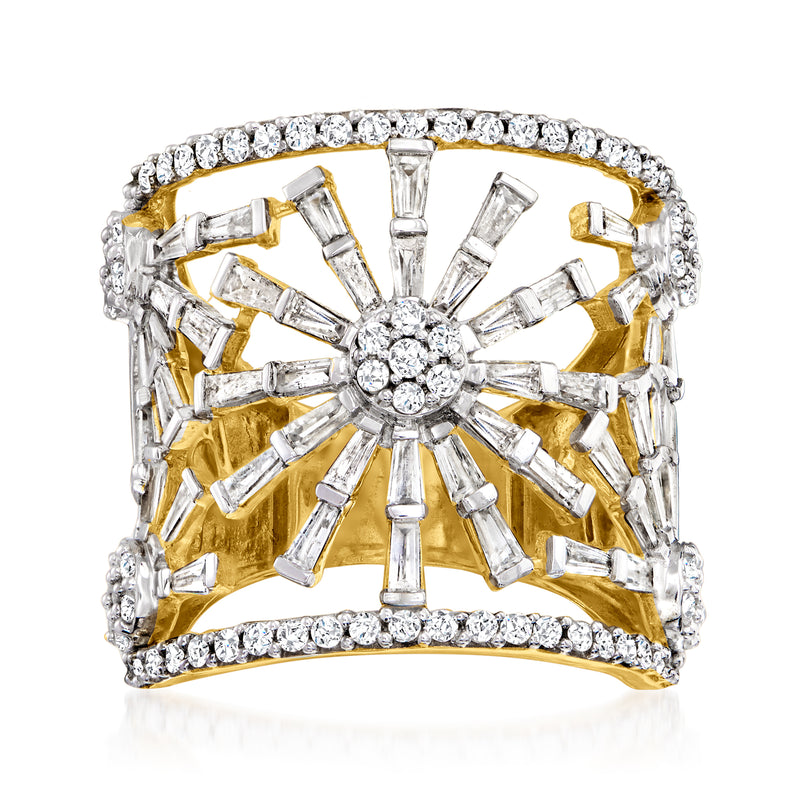18kt gold over sterling openwork flower ring with baguette and round diamonds