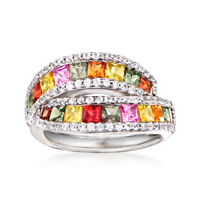 Sterling silver ring with multicolored sapphire-style gemstones and clear zircon accents