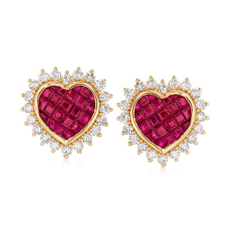 Gold heart stud earrings with ruby center and diamond halo