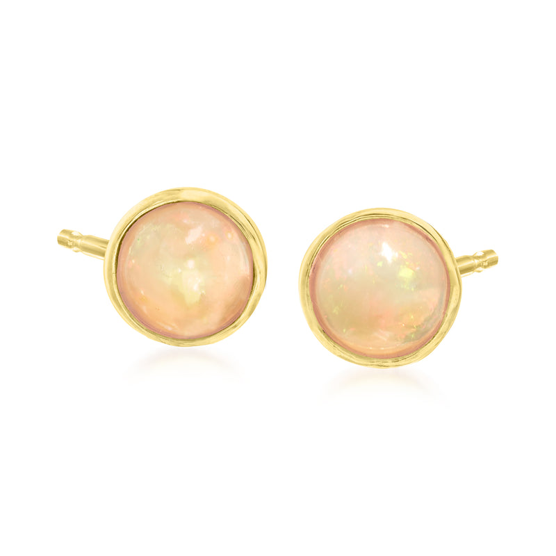 Round opal stud earrings, pink opalescent discs in gold over sterling settings