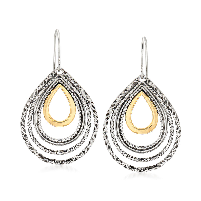 Sterling silver openwork teardrop earrings with 14kt yellow gold center, earwire